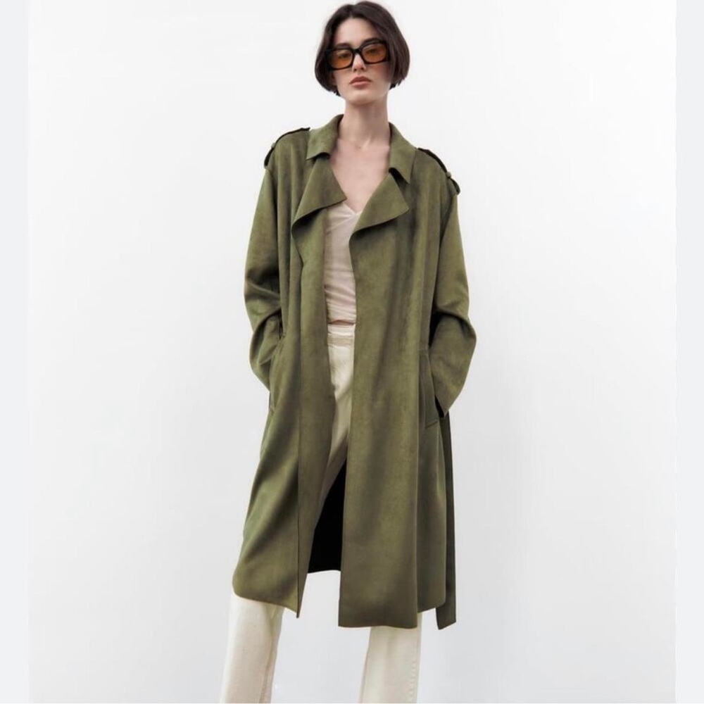 ZARA Faux Suede Belted Trench Olive Green Size S